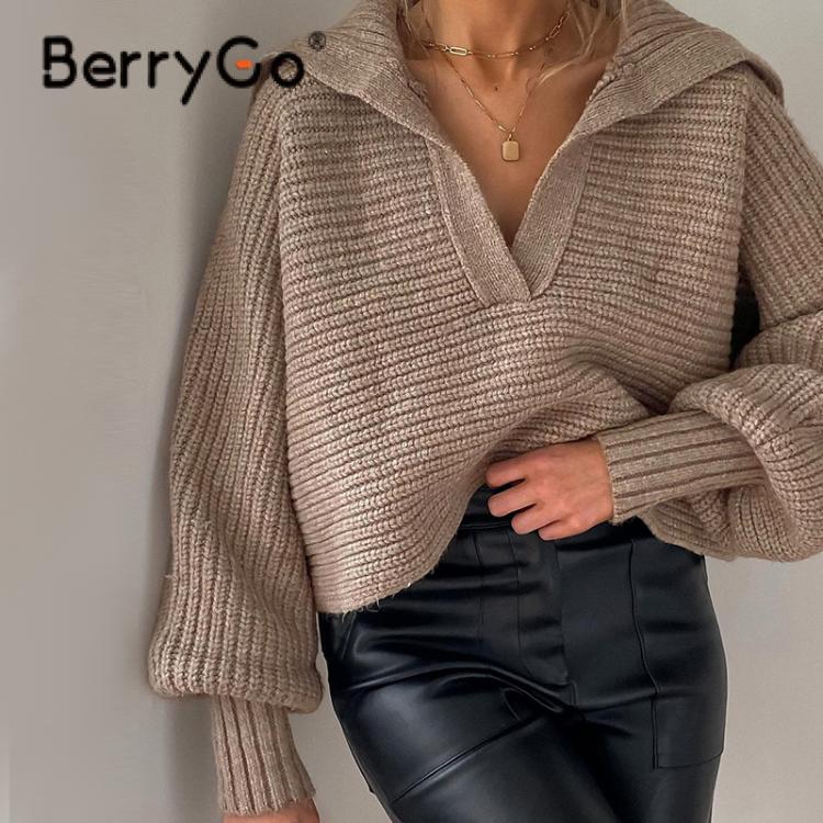 all in one place בגדי נשים BerryGo Autumn winter Elegant polo sweater women cropped sweater Fashion lantern sleeve solid pullover Casual loose knitted top