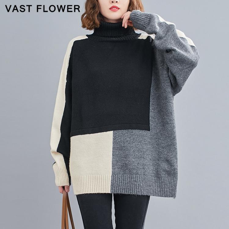 all in one place בגדי נשים Plus Size Patchwork Knitted Turtleneck Sweater Women New Long Sleeve Pullover Fashion Loose Oversize Sweater Clothes Winter 2021