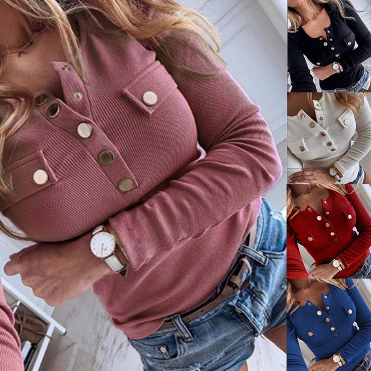 all in one place בגדי נשים Women Autumn Spring Knitted Sweater Tops Casual Long Sleeve Plus Size O-Neck Button Up Pocket Female Basis Pullover Top