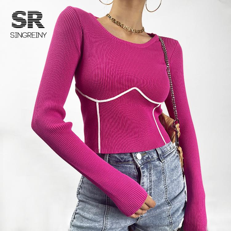 all in one place בגדי נשים SINGREINY 2021 Women Knitted Sweater Long Sleeves O Neck Solid Elastic Slim Knit Basic Tops Autumn Casual Female Pullovers