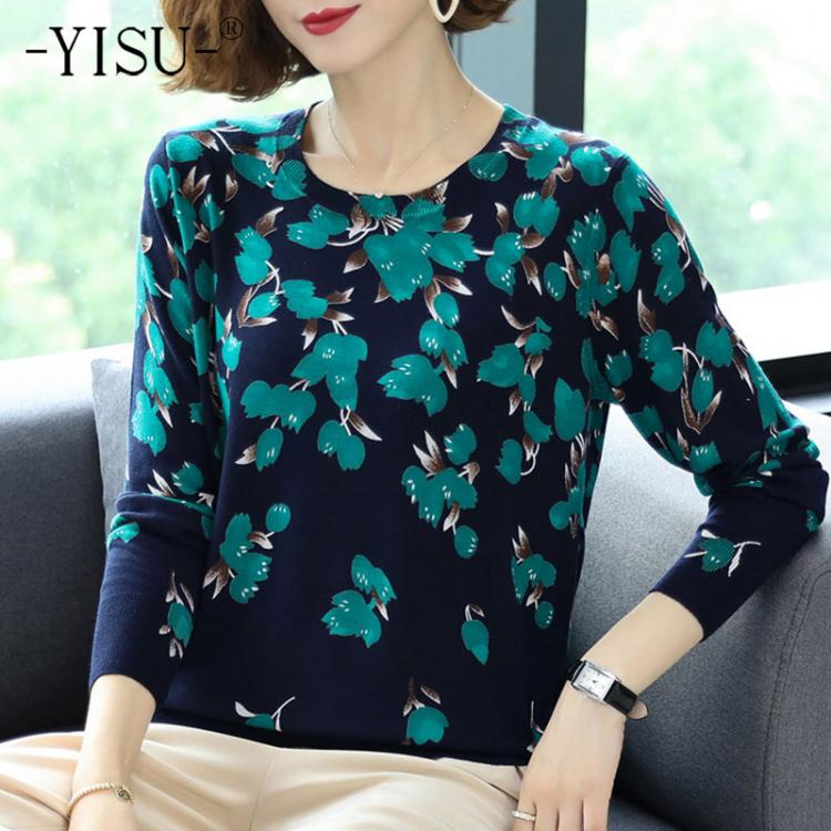 all in one place בגדי נשים YISU Autumn Women clothing Sweater O-Neck Loose tops Flowers Printing Long sleeve Female Knitted Pullover Casual  Women Sweater