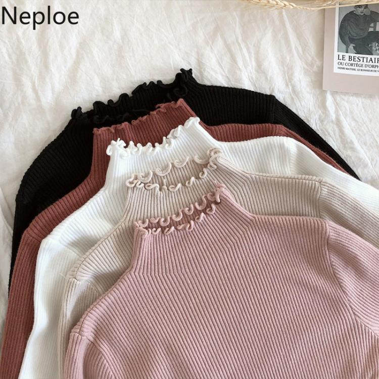 all in one place בגדי נשים Neploe 2021 Fall Winter Ruffles Sweater Turtleneck Ruched Women Sweaters High Elastic Solid Female Slim Sexy Knitted Pullovers