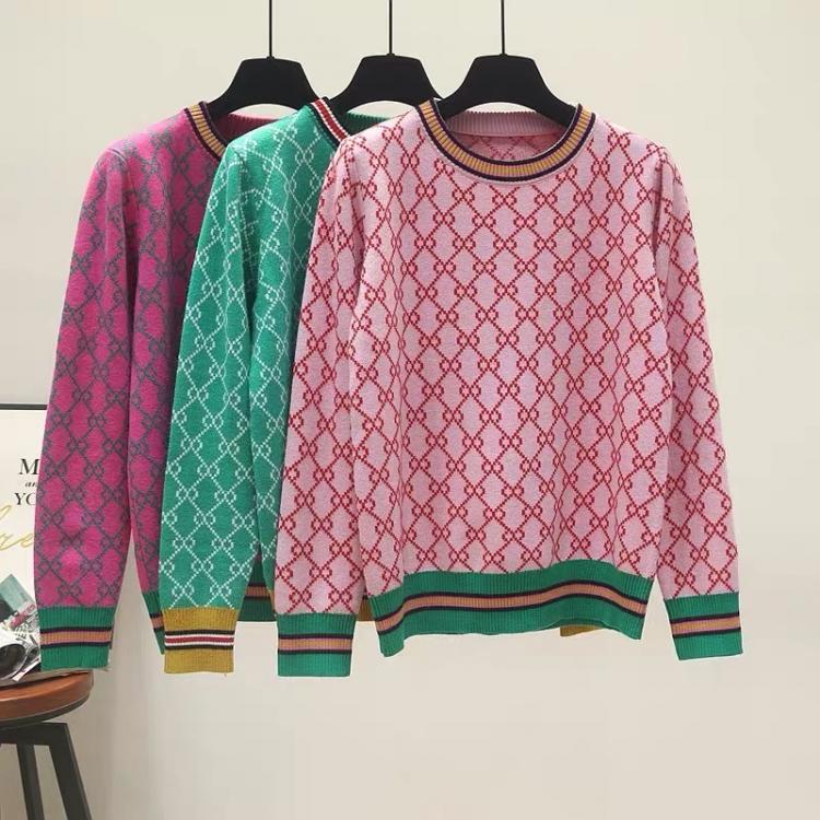 all in one place בגדי נשים HGTE Autumn And Winter New Loose Knit Sweater Korean Style Pullover Round Neck Geometric Clash Jacquard Casual Sweater Jumper