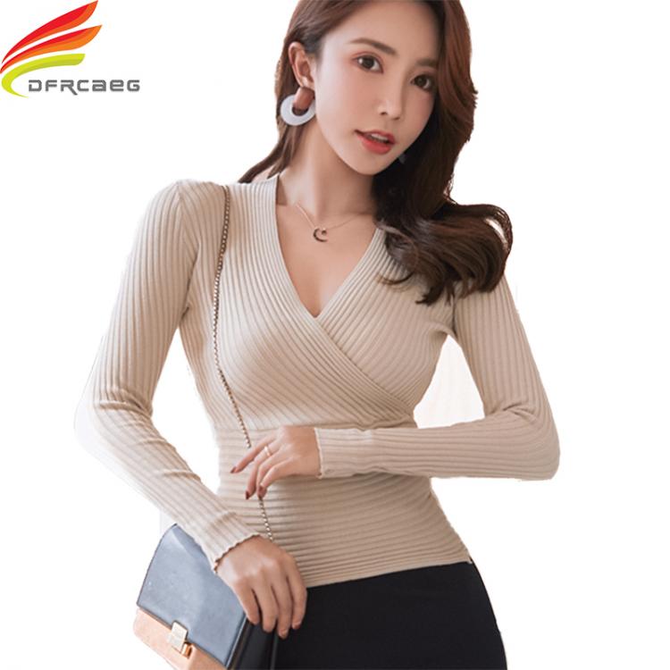 all in one place בגדי נשים 2020 New Sexy Deep V Neck Sweater Women's Pullover Casual Slim Bottoming Sweaters Female Elastic Cotton Long Sleeve Tops Femm