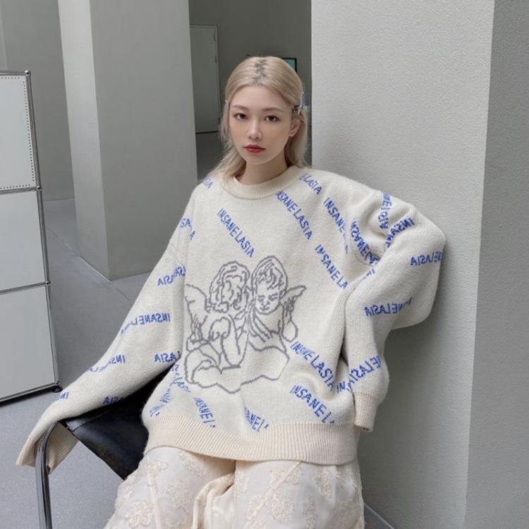all in one place בגדי נשים Oversized Streetwear Angel Pattern Women'S Sweater Lazy Pullover New Korean version Round Neck Fashion Sweater Women 2021 aut