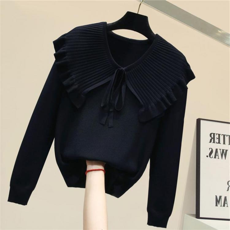 all in one place בגדי נשים New Peter Pan Collar Knitted Pullovers Woman 2021 Long Sleeve Solid Soft Fall Sweater Lace Up Elegant Office Lady Jumpers