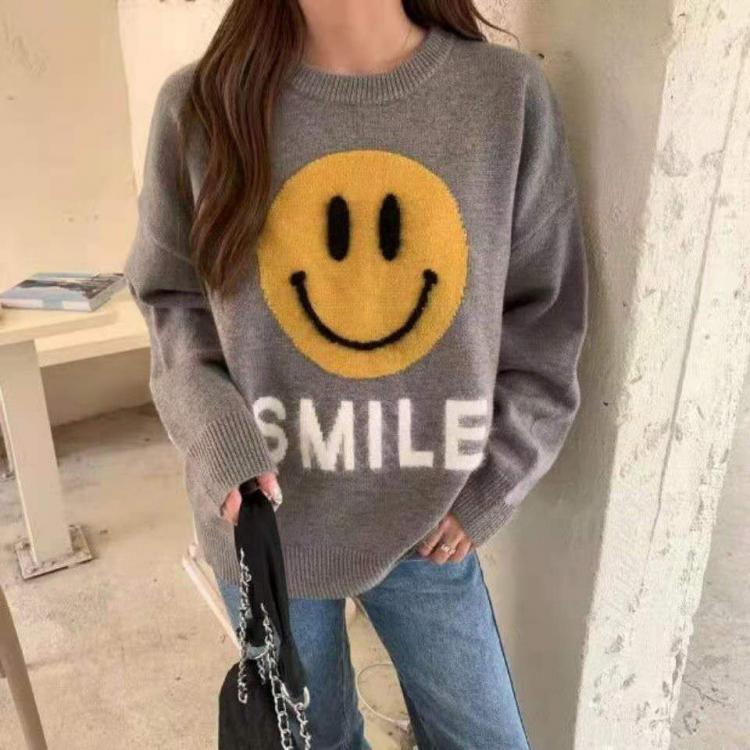 all in one place בגדי נשים Smiling face lazy pullover sweater y2k women's autumn and winter  fashion age reduction round neck bottoming sweater 2021