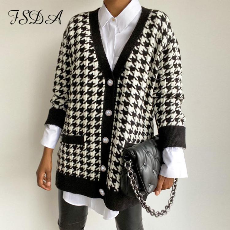 all in one place בגדי נשים FSDA V Neck Women Button Black Houndstooth Cardigan 2020 Long Sleeve Sweater Autumn Winter Knitted Loose Oversized Jumper Casual