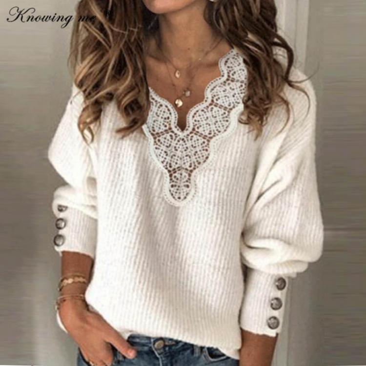all in one place בגדי נשים Women Lace patchwork Sweaters 2020 Autumn Buttons knit pullovers Elegant Winter Sexy V Neck Knitted sweater tops jumpers 5XL