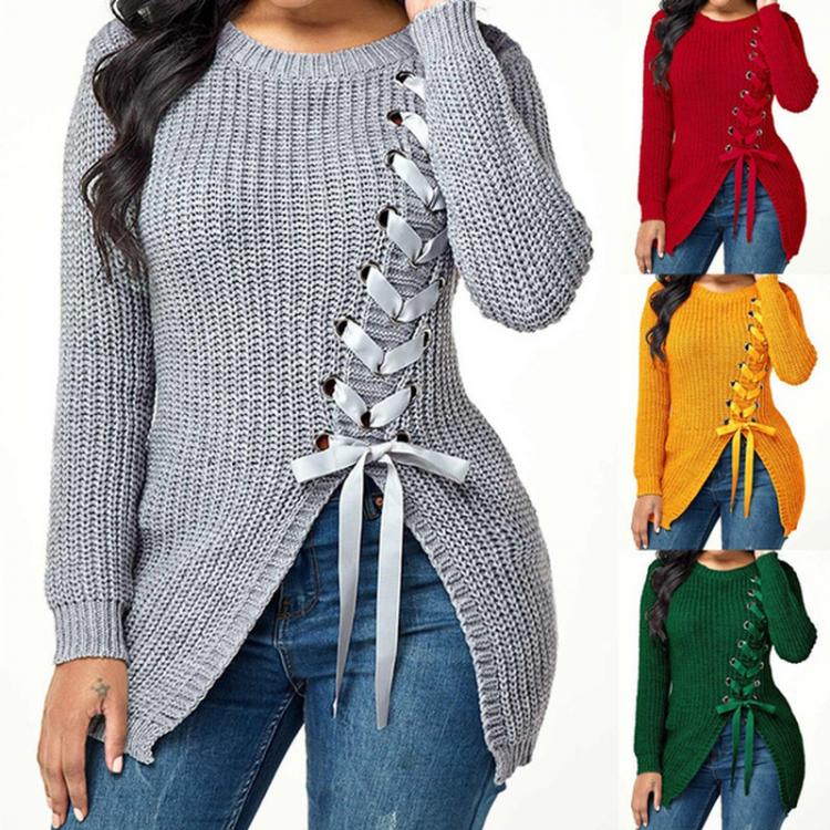 all in one place בגדי נשים Sewater Women Autumn Casual Lace Up Sexy Side Slit Solid Clolor Plus Size Loose Pullover Slim Fit Knitted Sweaters Pullovers