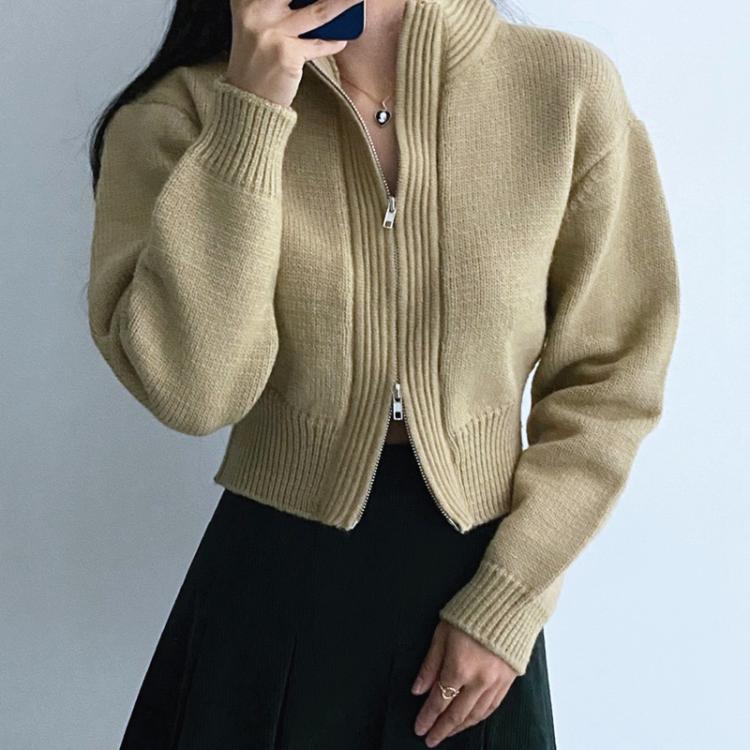all in one place בגדי נשים 2021 autumn and winter new knitted double zipper short cardigan half high neck fashion all-match Korean female sweater