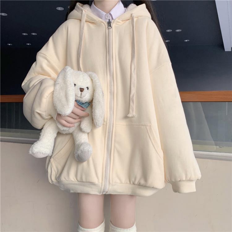 all in one place בגדי נשים Cardigan jacket new coat female tide ins autumn and winter plus velvet thick loose student solid color sweater Korean version