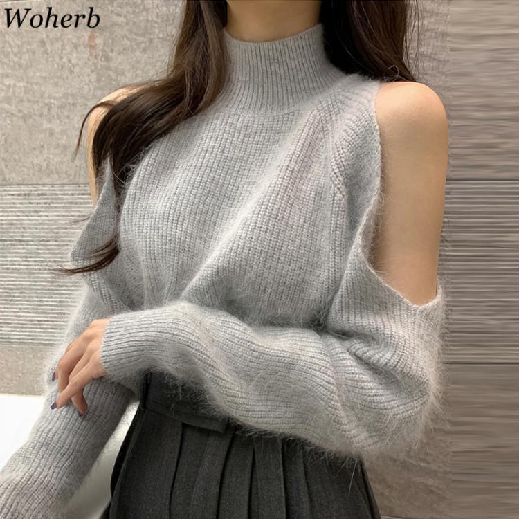 all in one place בגדי נשים Woherb Mohair Off-shoulder Sweater Women Korean Chic Temperament Turtleneck Design Pullover 2021 Autumn Sexy Grey Jumper Pull