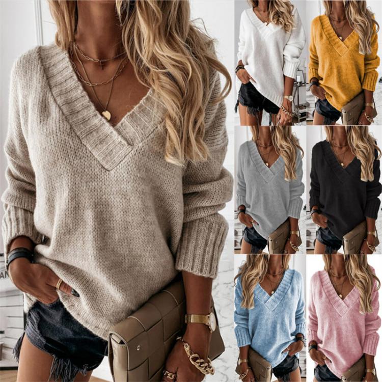 all in one place בגדי נשים V Neck Knitted Sweaters Women Autumn Winter Fashion Thick Warm Knit Jumpers Female Solid Elegant Long Sleeve Oversized Pullovers