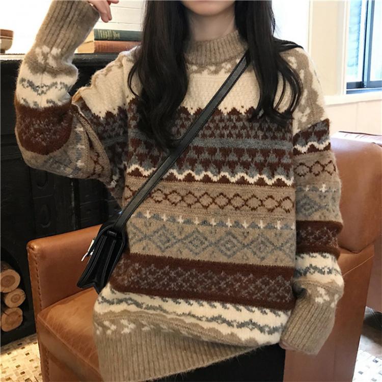 all in one place בגדי נשים 2021 Winter Women Sweater Pullover Korean Style Knit Jumpers Loose Striped Pull Jumpers Knitwear Casual Top Argyle Sweater