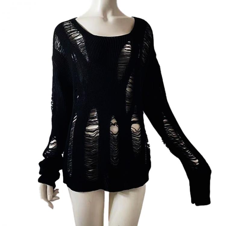 all in one place בגדי נשים Women Dark Goth Split Hole Knit Sweaters Black Gothic Lady Hollow Out Cool Pullover Sweater Autumn Sexy See Through Pull Jumpers