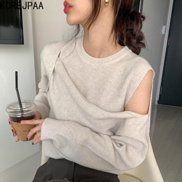 all in one place בגדי נשים Korejpaa Hollow Women Pullover Korea Autumn Fashion O-neck Off Shoulder Patchwork Fake Two Piece Long Sleeve Knitted Sweater Top