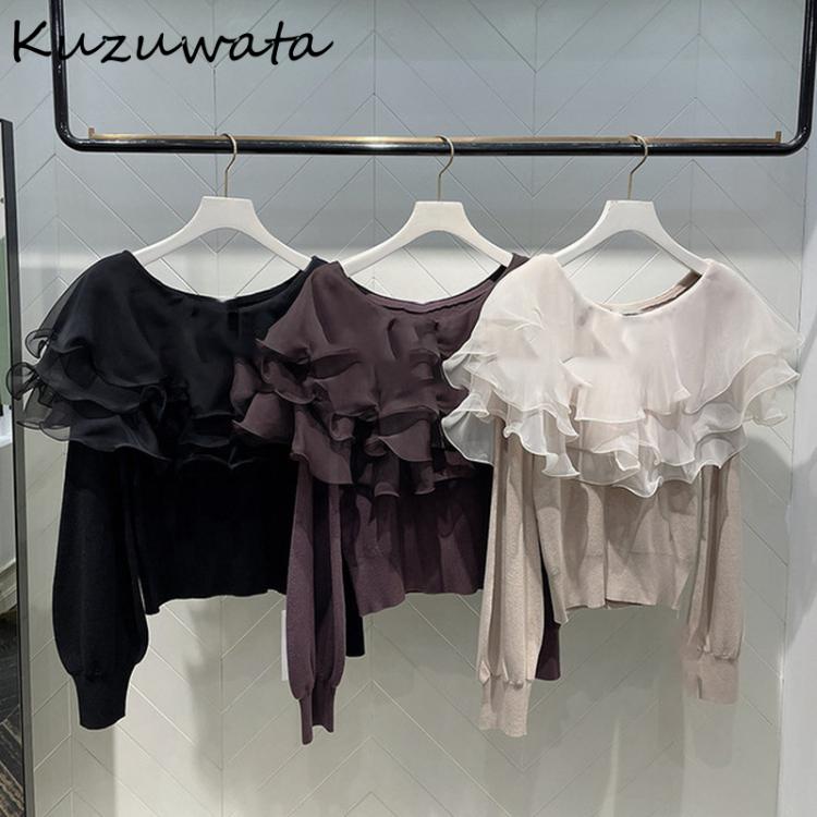 all in one place בגדי נשים Kuzuwata 2021 Fall Winter New Jumpers Japanese Temperament Commuter Women Sweaters Ruffle Patchwork Puff Sleeve Knitted Pullover