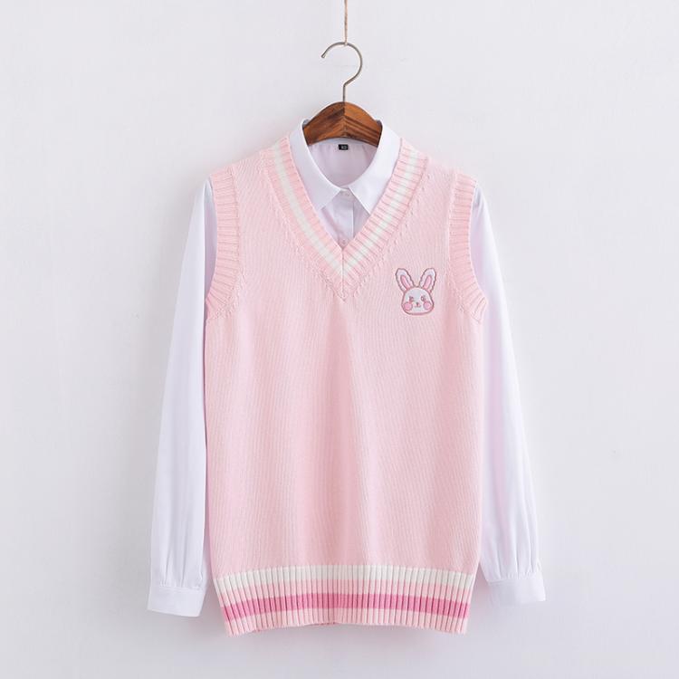 all in one place בגדי נשים Pink Small rabbit Embroidery pattern Sweater vest high school Japanese-style knitting pullover