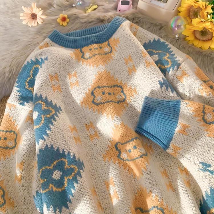 all in one place בגדי נשים 2021 retro Y2K bear sweater coat female autumn new loose lazy fashion design sense of niche knitting couple tide brand sweater