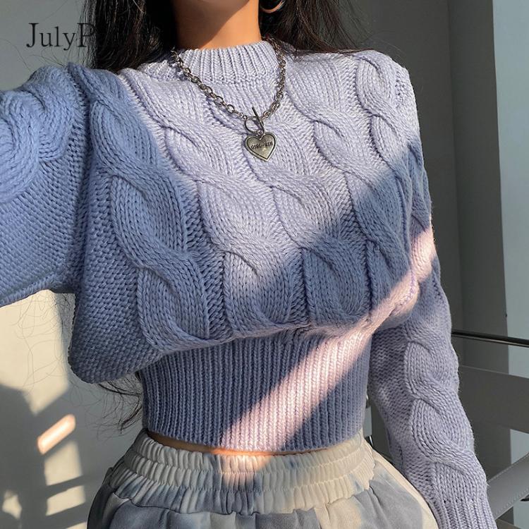 all in one place בגדי נשים Julypalette Blue Casual O-neck High Waist Knitted Pullover Women Autumn Winter Full Sleeve Short Knitted Sweater Female Jumpers