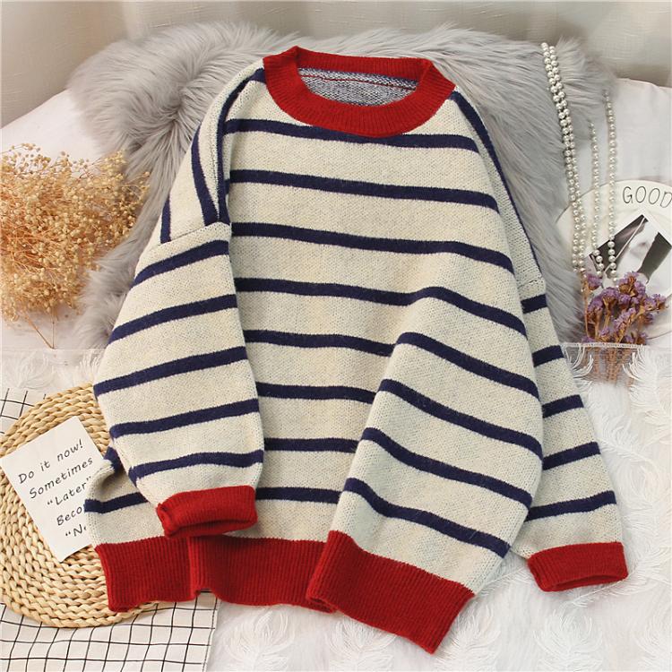 all in one place בגדי נשים 2021 Autumn Winter New Striped Sweater Women's Retro Long Sleeve Pullover Casual Loose and Versatile Long Sleeve Knitted Top
