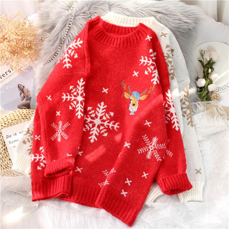 all in one place בגדי נשים EBAIHUI Women Sweater O-neck Christmas Thick Warm Jumper Snowflake Deer Print Knitted Pullover Baggy Knitwear Female Clothing