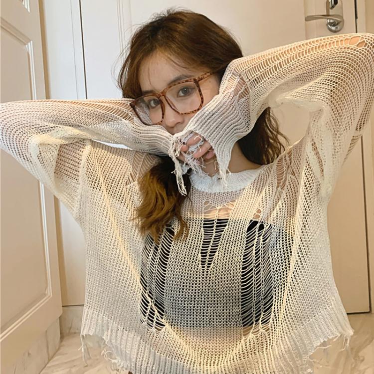 all in one place בגדי נשים Black White Gothic Thin Women Pullover Loose Sweater 2021 Lady Hollow Out Hole Broken Streetwear Stretch Split Knit Short Top