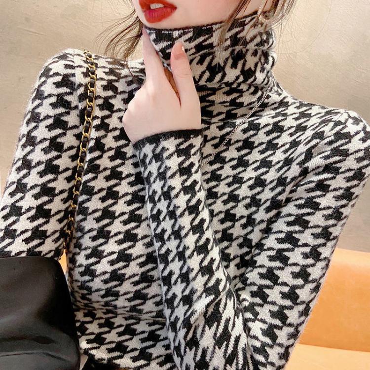 all in one place בגדי נשים 2021 Autumn Winter Houndstooth Tight Turtleneck Sweater Plaid Knitted Sweater Women Luxury Chic Shirt Pullover Slim Korean Style