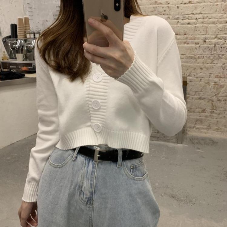 all in one place בגדי נשים ladies button V-neck pullover sweater women's fall winter 2021 new outer solid color cardigan long-sleeved short knitted tops