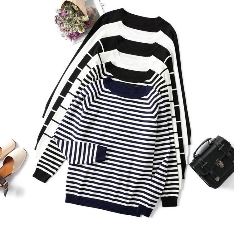 all in one place בגדי נשים 2021 Autumn Winter Long Sleeve Striped Pullover Women Sweater Knitted Sweaters O-Neck Tops Korean Pull Femme Jumper Female White