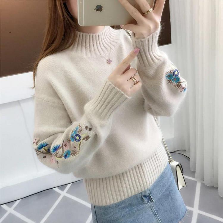 all in one place בגדי נשים WEIHAOBANG 2021 Autumn Winter New Women's Round Neck Pullover Solid Color Sweater Embroidered Long Sleeve Loose Sweater
