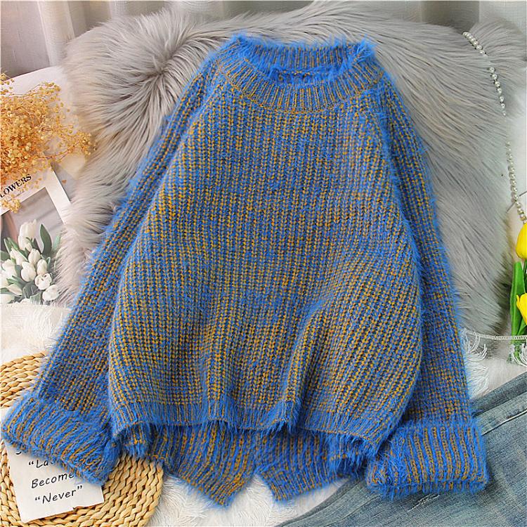all in one place בגדי נשים EBAIHUI Mohair Sweater Women Solid Blue O-neck Pullover 2021 New Kpop Jumper Knitted Top Harajuku Split  Loose Chic Sweaters