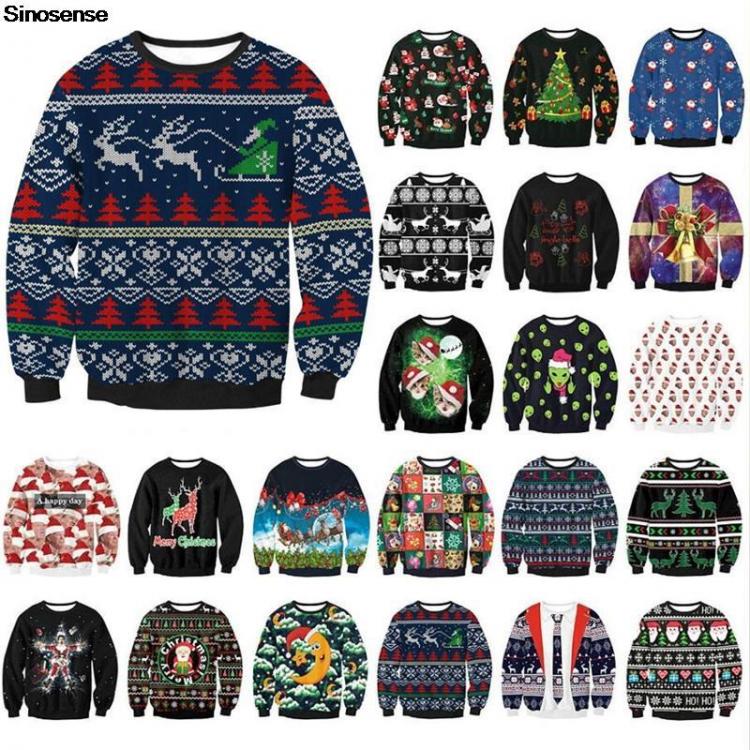 all in one place בגדי נשים 3D Christmas Tree Reindeer Santa Printed Ugly Christmas Sweater Women Men Holiday Crewneck Sweatshirt Pullover Funny Xmas Jumper