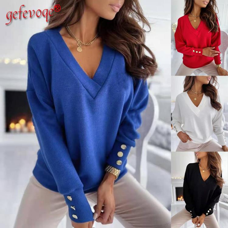 all in one place בגדי נשים Autumn & Winter Fashion Long Sleeved Women Knitwear Casual Office Lady Sweater V-Neck Streetwear Solid Button Sleeve Pullovoer