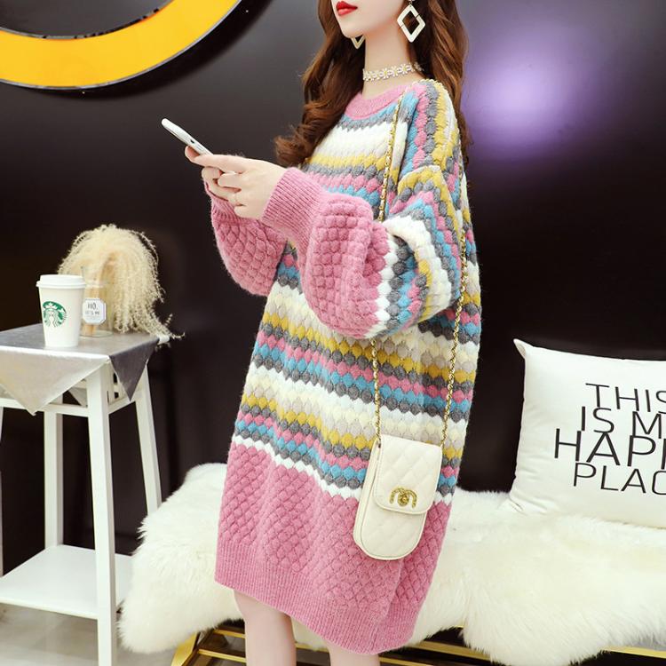 all in one place בגדי נשים Medium length woolen dress women's autumn and winter 2021 new large size loose, thin and lazy, sweet knitting base skirt thic