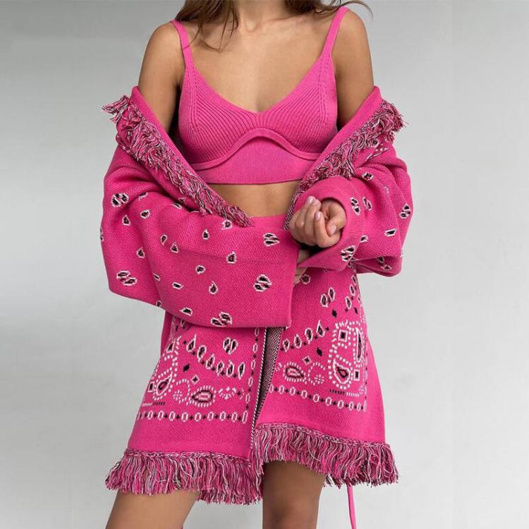 all in one place בגדי נשים Y2K Print Pink Long Sleeve Top Cardigan Sweater Women Fall 2021 Fashion Belt White Tassel knitted Oversized Sweater Cardigan