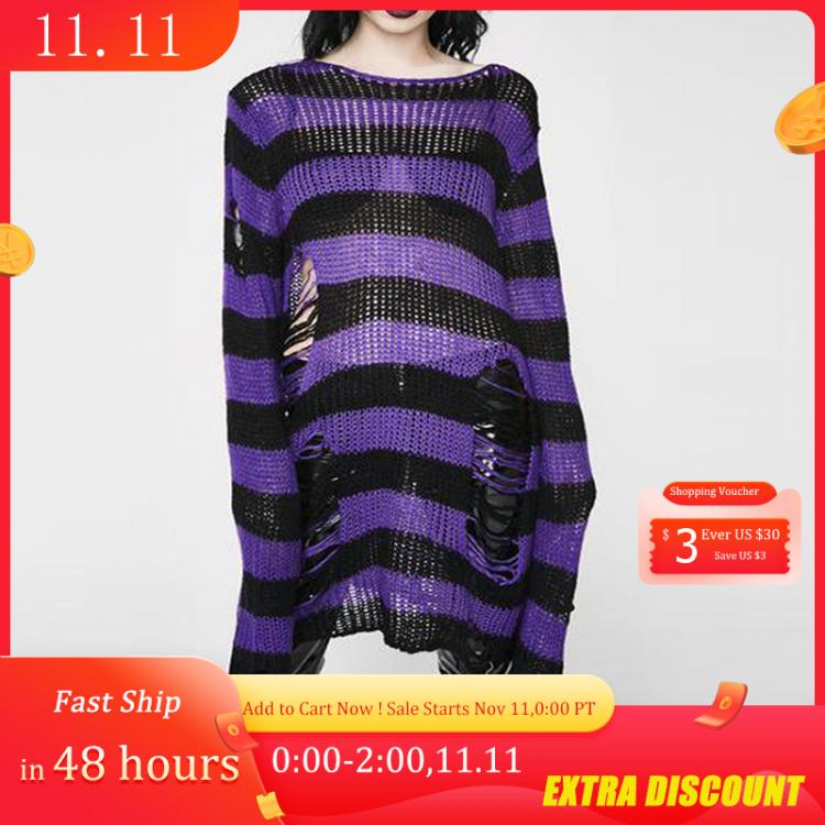 all in one place בגדי נשים Halloween 200 Gothic Knitted Sweater Women Long Pullovers Striped Loose Winter Ripped One Size Sweaters Jumpers Mujer Jersey