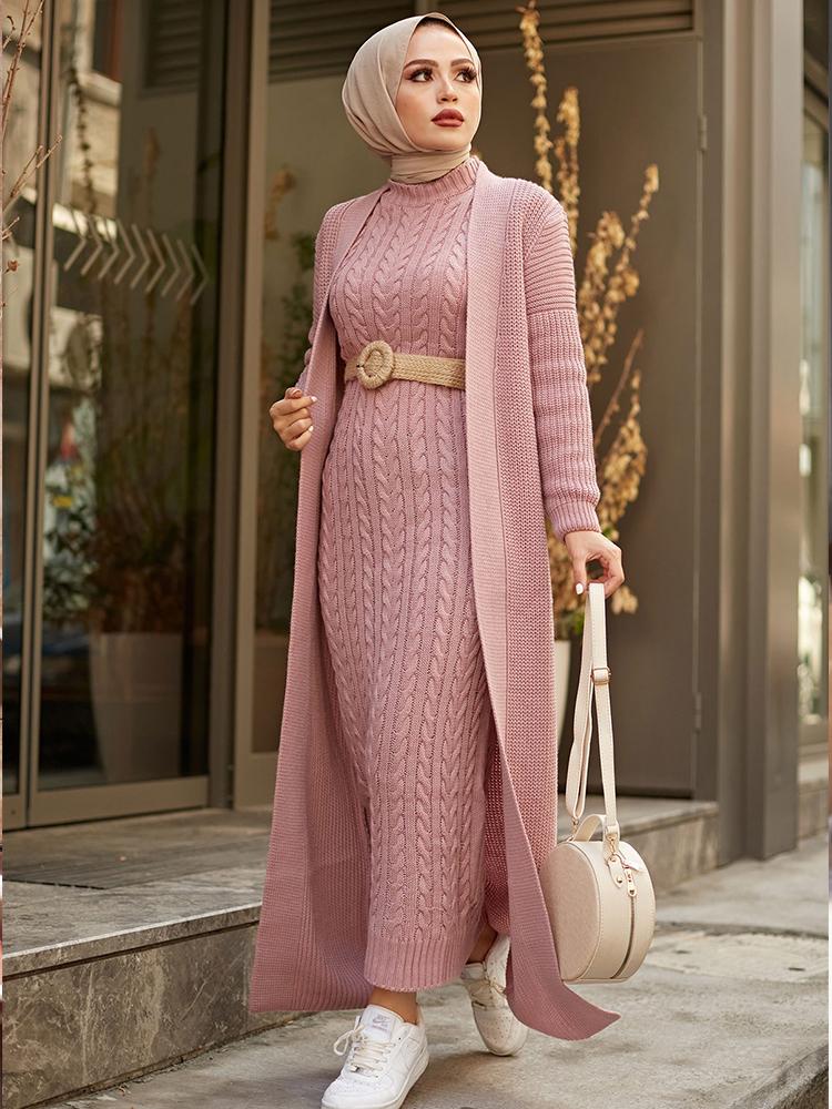 all in one place בגדי נשים Women Dress New Season Autumn Winter 2 Piece Hijab Knitwear Suit Islamic Muslim Clothing Long Cardigan Model Made in Turkey