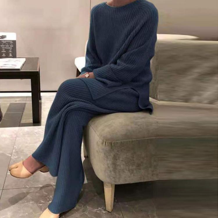all in one place בגדי נשים Women Knitted Tracksuit Autumn Winter O-neck Sweater 2 Piece Set  Fashion Solid Ladies Pullover Tops  Wide Leg Pants Home Suit