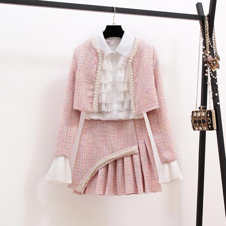 all in one place בגדי נשים New 2021 High Quality Women Autumn Winter 3 Piece Sets Lady Fashion Elegant Slim Coat Skirt Shirt Three-piece Suit Tweed Sets