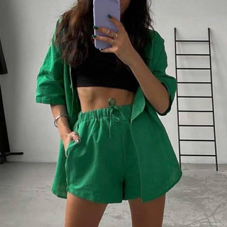 all in one place בגדי נשים Summer Casual Tracksuit Women's Shorts Suits Green Streetwear Short Sleeve Shirt Tops Loose Drawstring Mini Shorts Two Piece 