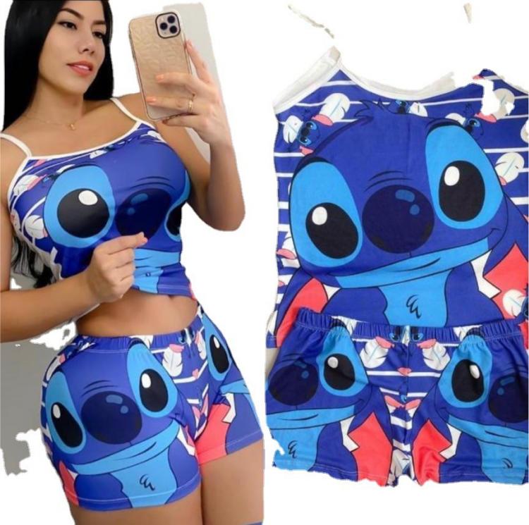 all in one place בגדי נשים Disney Stitch women clothing 2021Summer new women  pink vest casual sexy cute cartoon printed shorts mickey  women shorts suit