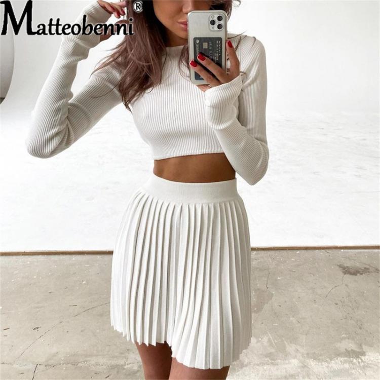 all in one place בגדי נשים Autumn New Knitted Skirt Two-Piece Suit Women Solid With Skirt Long Sleeve Slim Crop Sweater Pleated Skirt Casual Matching Sets