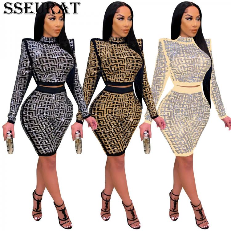 all in one place בגדי נשים SSEURAT   Women Set Diamonds Half High Collar Long Sleeve Crop Top Knee Length Pant Two Piece Set  Sexy Club Suit