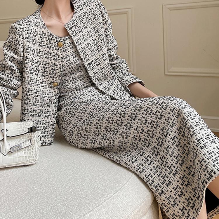 all in one place בגדי נשים French Retro Haute Couture Lady Vest Dress Set Fall Winter Elegant Lady Tweed Woven Jacket Top Dress Women Suit Two-piece Suit