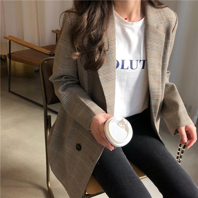 all in one place בגדי נשים Office Ladies Notched Collar Plaid Women Blazer Double Breasted Autumn Jacket 2021 Casual Pockets Female Suits Coat