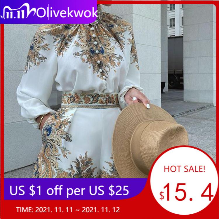 all in one place בגדי נשים Olivekwok 2021 Woman Fashion Printing Shorts Sets  Long Sleeve Tracksuits  Stand Collar  Single Breasted Two-piece Suits