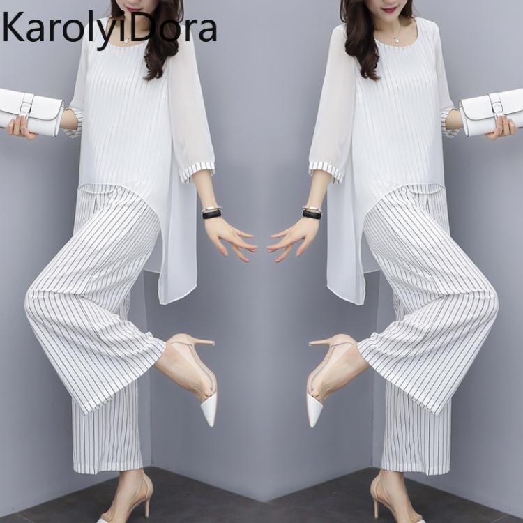 all in one place בגדי נשים Chiffon Pantsuits Women Pant Suits For Mother of the Bride Outfit 2021 Formal Wedding Guest Striped Wide Leg Loose 3 Piece Sets