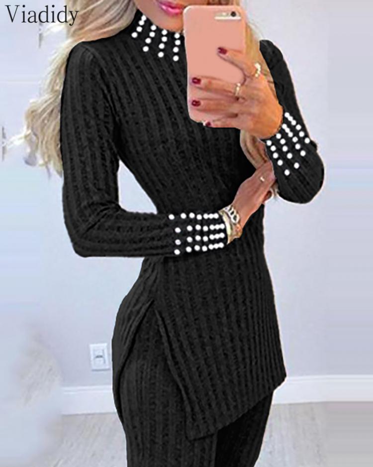 all in one place בגדי נשים Women's Suit Casual Knit Beaded Side Slit Long Sleeve Top Sweater & Long Pants Set